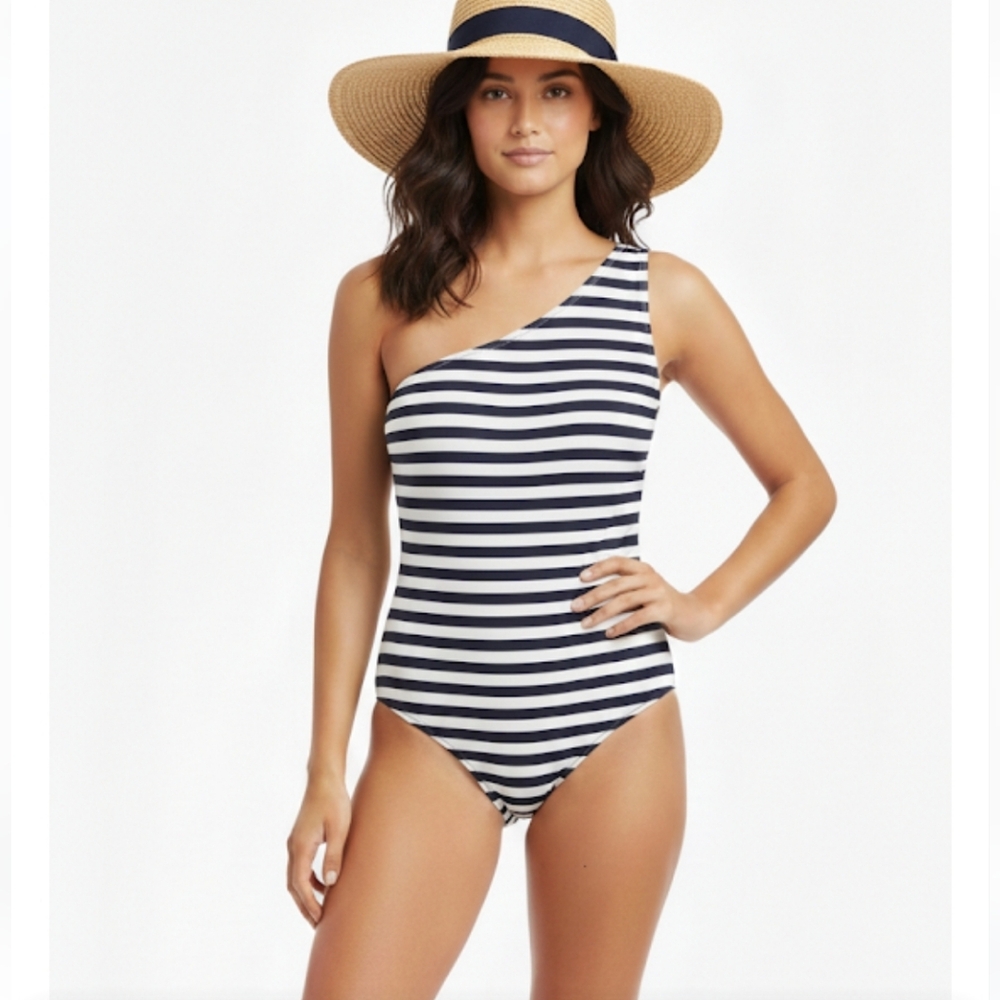 MICHAEL Michael Kors Black and White Striped One-Shoulder Swimsuit - Picture 1 of 9